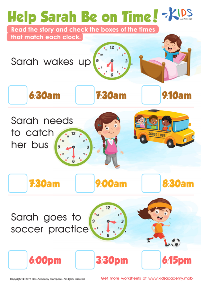 Reading worksheet for Kindergarten Worksheet featuring Melissa Mouse helping kindergarteners learn to tell time by matching digital and analog clocks. Telling Time with Melissa Mouse 1 worksheet for early readers and math learners.