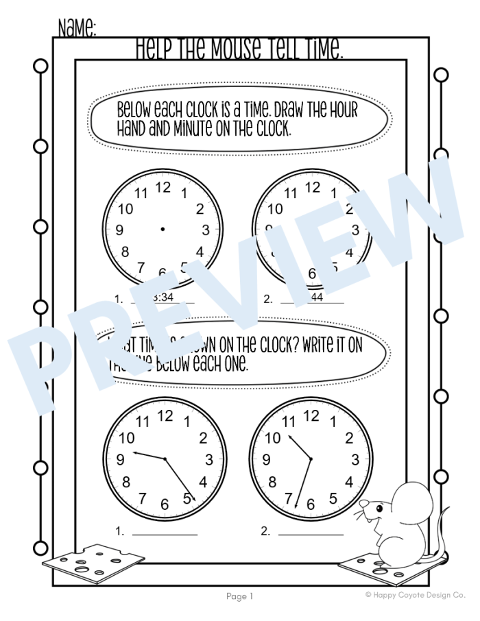 Telling Time with Melissa Mouse 1 worksheet for early learners in reading and math Kindergarten worksheet featuring Melissa Mouse teaching kids to tell time with digital and analog clocks
