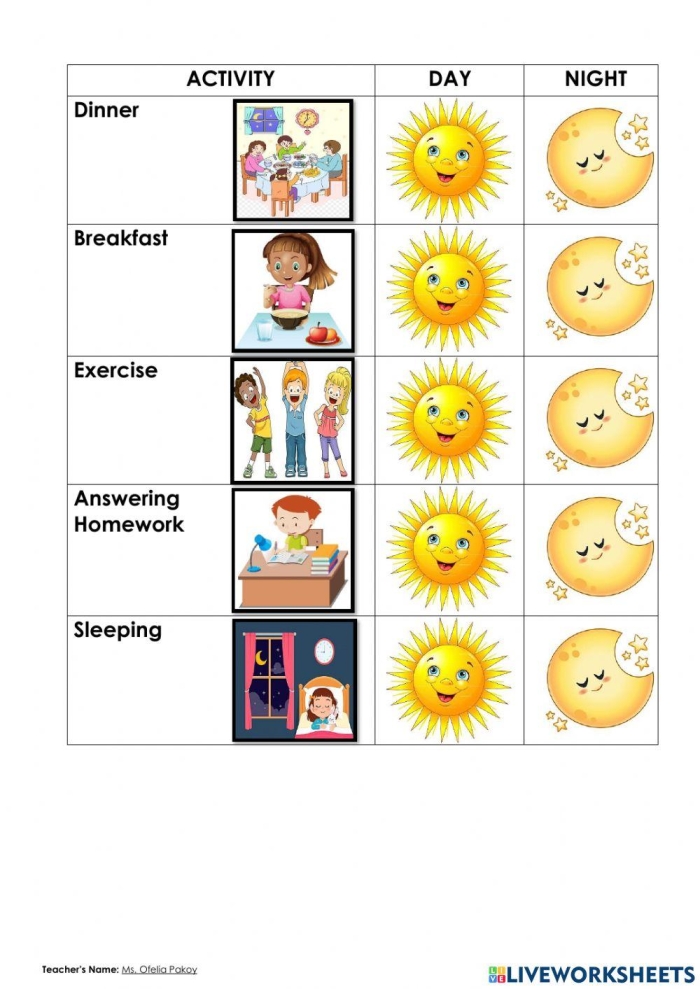 Second grader practicing telling night or day time using a clock worksheet
