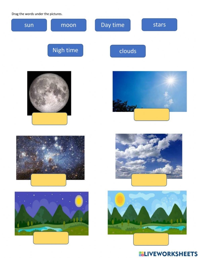 Second Grade child practicing telling night or day time on worksheet with clocks