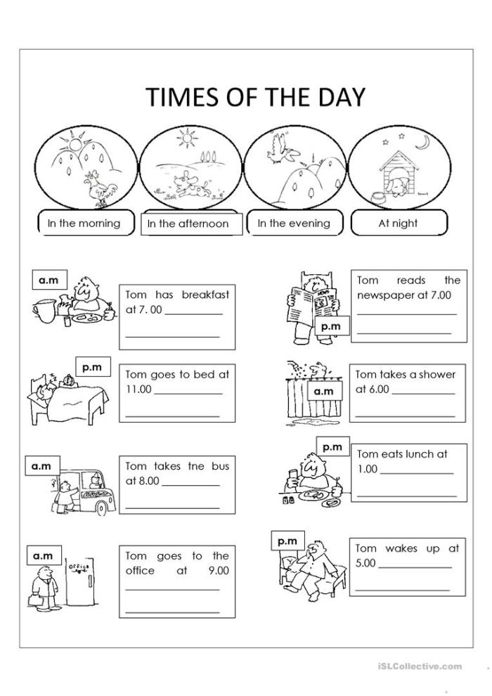Second Grade student practicing telling night or day time on a worksheet with clocks