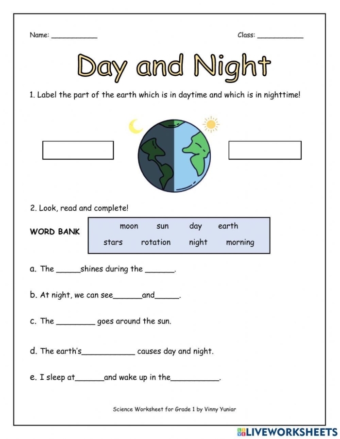 Second Grade worksheet helping children identify night or day by reading clocks