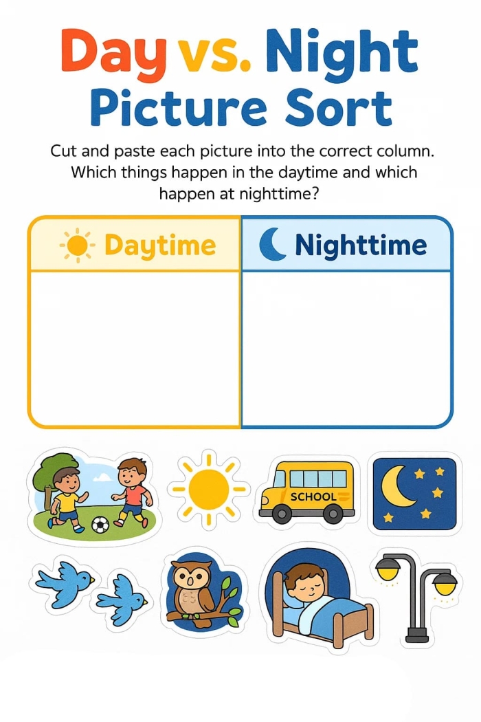 Second Grade student practicing telling night and day times on a worksheet