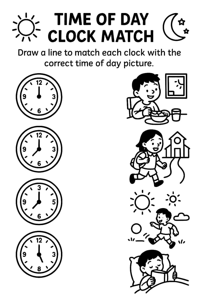 Second grade worksheet showing clocks to identify night or day time