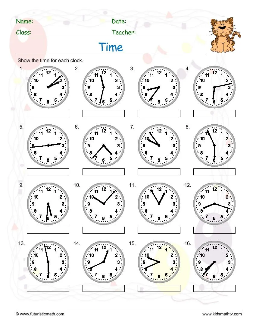 Second grade student completing a Record the Time worksheet focused on telling time