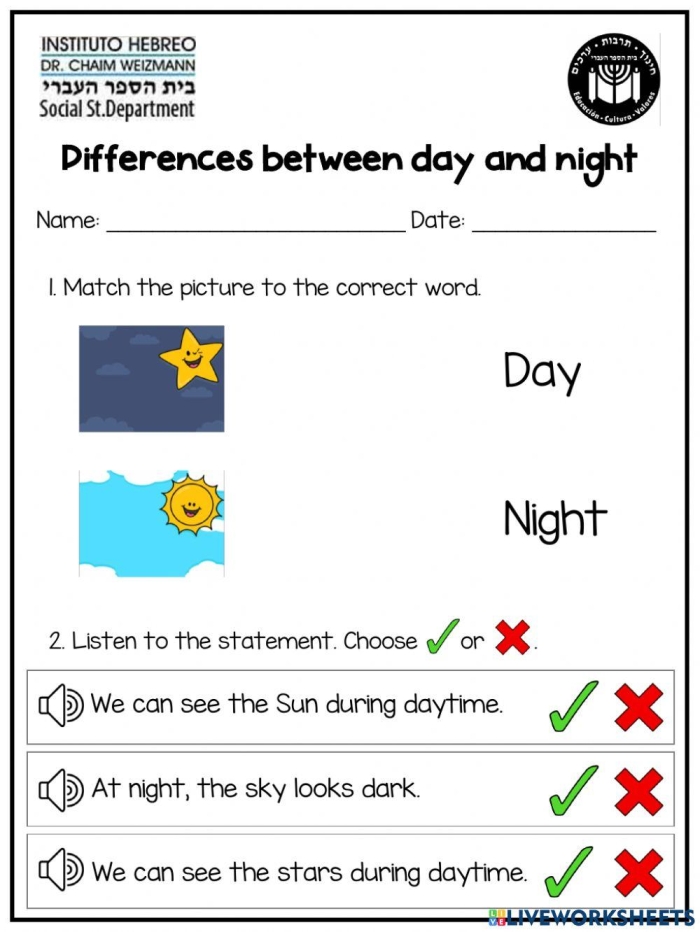 Second Grade student working on a Night Time or Day Time worksheet to learn telling time