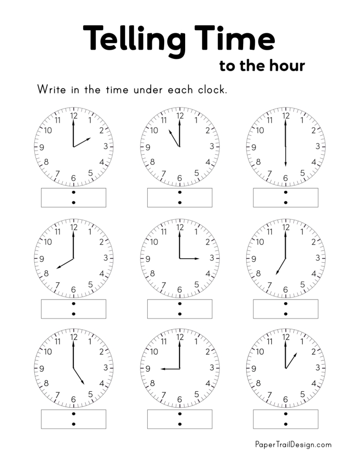 Second grade student completing a worksheet on telling time featuring Nina's daily activities