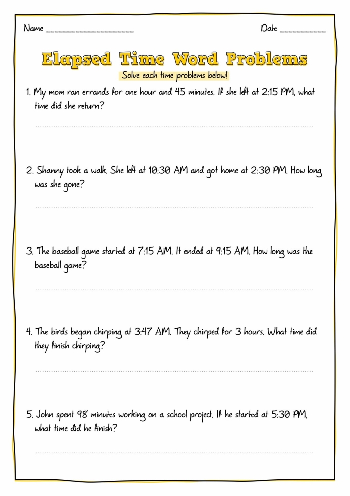 Telling Time Word Problems activity for first graders to practice time concepts First Grade worksheet with word problems focused on telling time skills