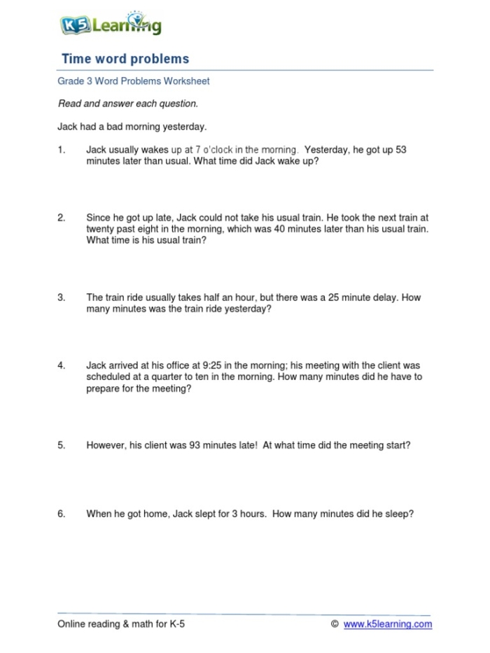 Telling Time word problems practice for first graders worksheet 21 First Grade worksheet focused on solving word problems about telling time