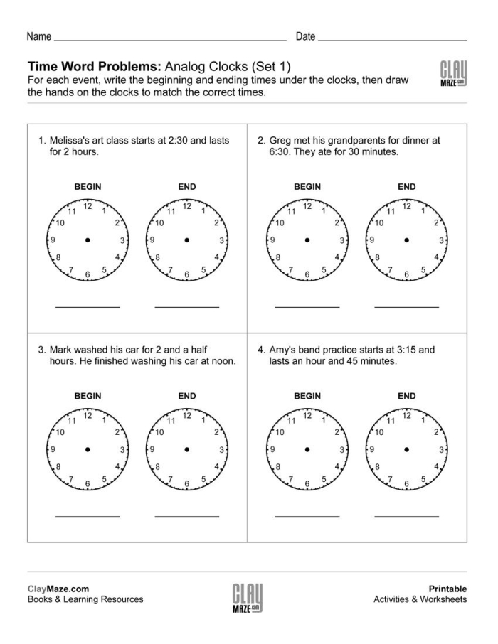 Telling Time Word Problems Activity Sheet for First Graders, Image 6 First Grade Telling Time worksheet with word problems to practice time concepts