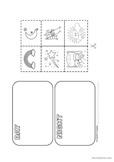 Second Grade student practicing telling night or day time on a worksheet with clocks