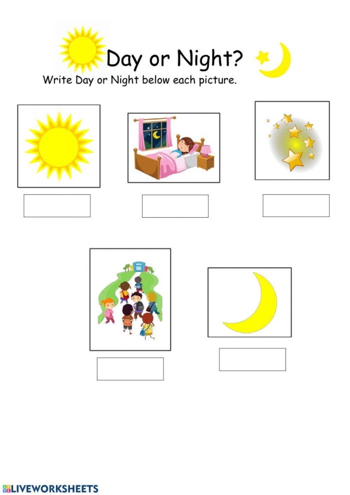 Second Grade student completing a Night Time or Day Time worksheet to learn telling time