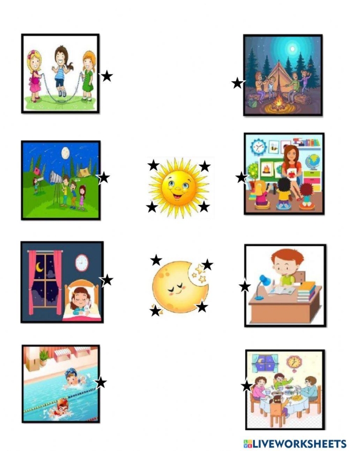 Second grade child practicing telling night or day time on a worksheet with clock images
