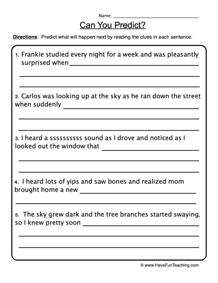 Third grade worksheet for making predictions using text evidence with sentence frames