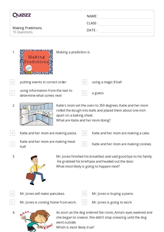 Third grade worksheet for making predictions using text evidence with sentence frames