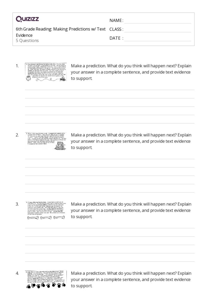 Third grade students completing a worksheet on making predictions using text evidence and sentence frames