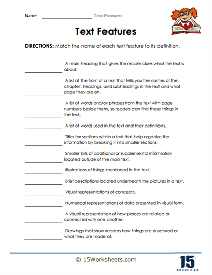Text Features Sort worksheet for fourth graders showcasing a review activity for students. Engaging worksheet image to match text features with their definitions.