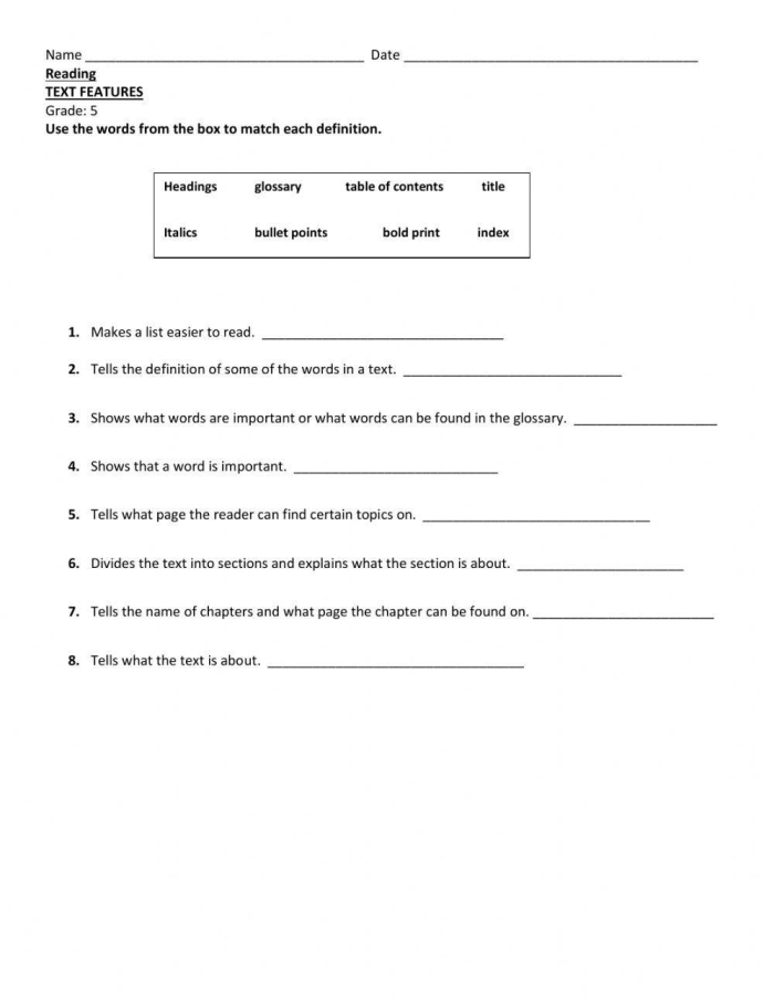 Text Features Sort worksheet for fourth-grade handwriting practice
