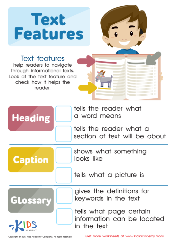 Text Features Sort worksheet for fourth graders focusing on handwriting skills