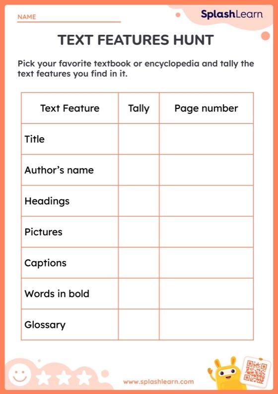 Text Features Sort worksheet for fourth graders focusing on handwriting skills