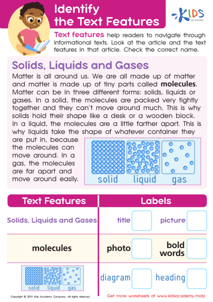 Text Features Sort worksheet designed for fourth-grade handwriting practice