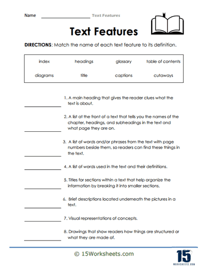Worksheet for sorting text features to enhance student understanding