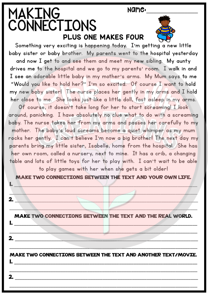 Reading Strategies worksheet for practicing connections in third grade texts Third grade worksheet on making text-to-self and text-to-world reading connections