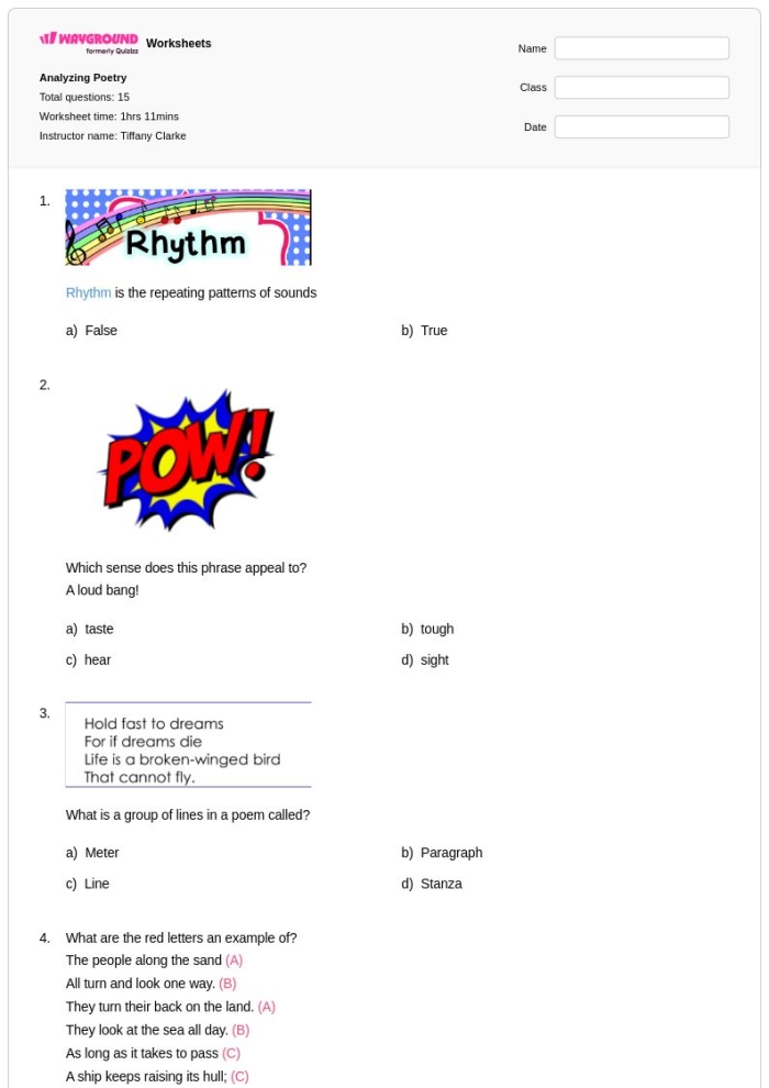 Thanksgiving poem comprehension worksheet for sixth graders, image 24 Sixth grade worksheet analyzing the poem Thanksgiving by Ella Wheeler Wilcox