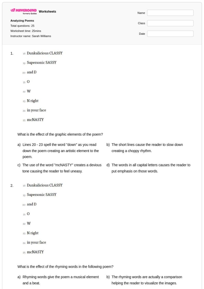 Thanksgiving poem comprehension exercise for sixth graders with grammar focus, image twelve Sixth-grade worksheet featuring analysis questions for the poem Thanksgiving by Ella Wheeler Wilcox