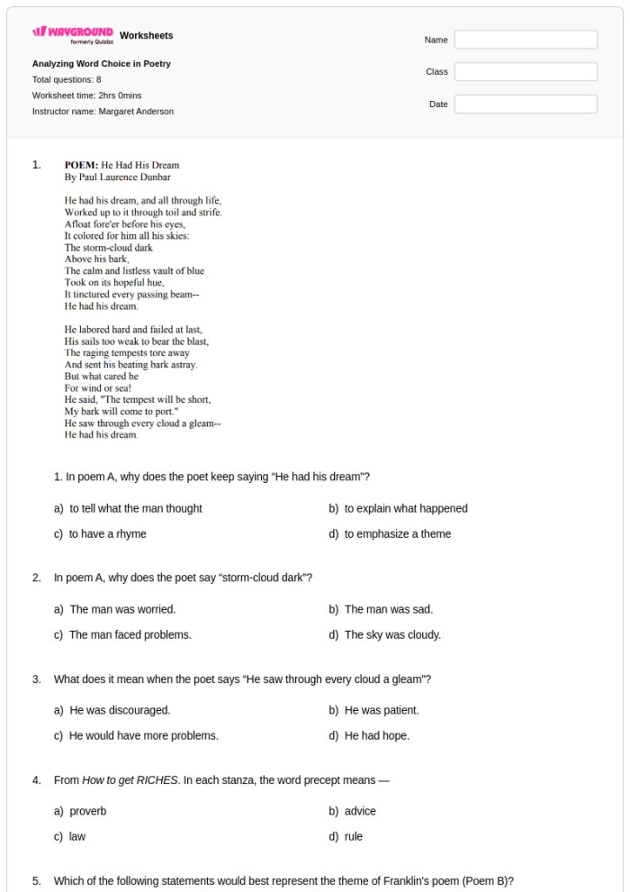 Thanksgiving poem analysis worksheet for sixth graders, image 8 Sixth grade worksheet for analyzing the poem Thanksgiving by Ella Wheeler Wilcox
