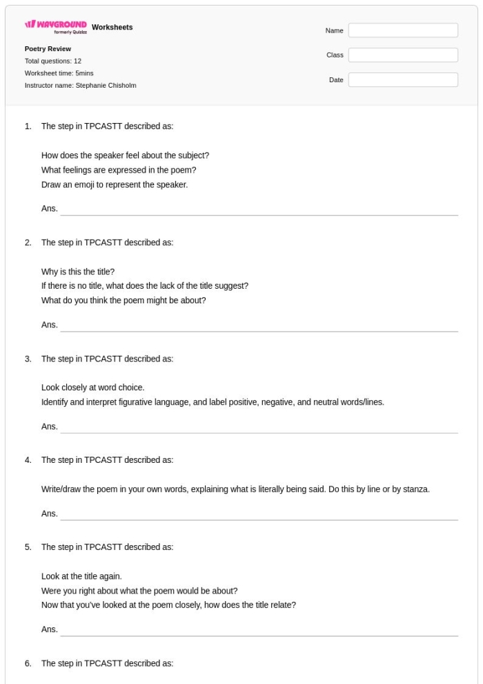 Thanksgiving poem reading comprehension exercise for sixth graders, image 15 Sixth grade worksheet for analyzing the poem Thanksgiving by Ella Wheeler Wilcox