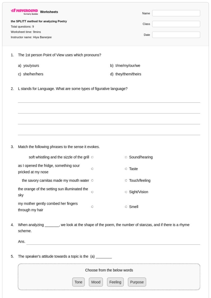 Thanksgiving poem comprehension worksheet for sixth graders, image 21 Sixth-grade worksheet page analyzing the poem Thanksgiving by Ella Wheeler Wilcox