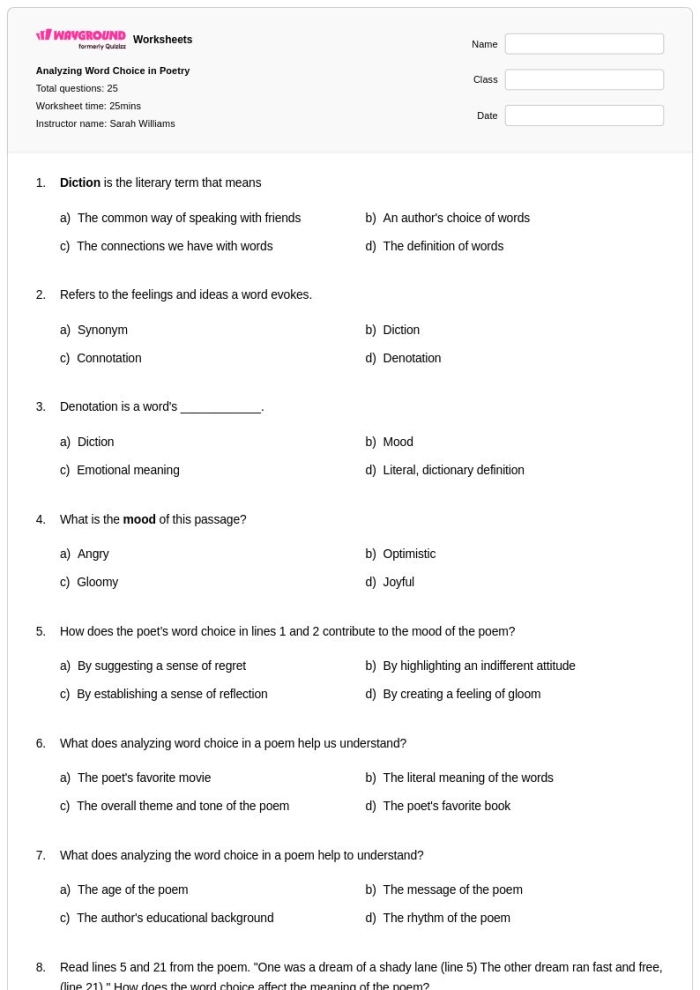 Thanksgiving poem comprehension worksheet for sixth graders by Ella Wheeler Wilcox Sixth grade student completing a Thanksgiving poetry analysis worksheet