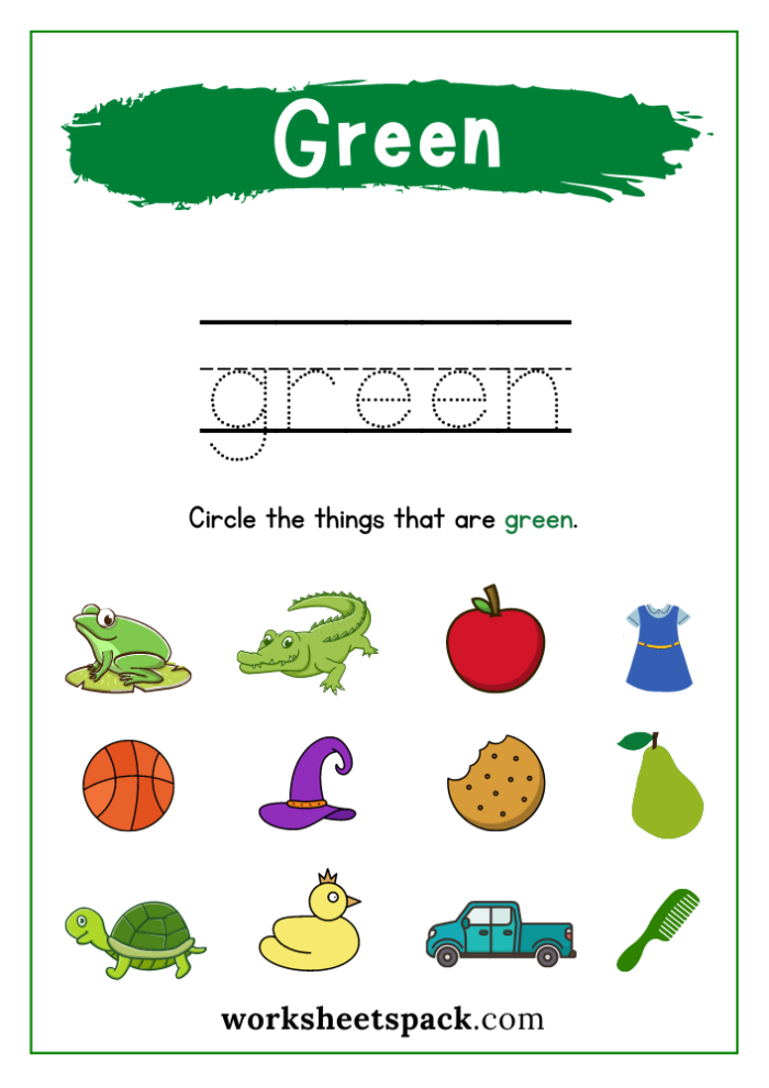 The Color Green worksheet for Pre-K