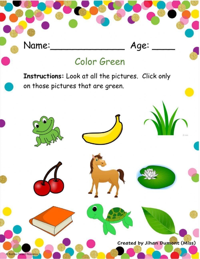 The Color Green worksheet for Pre-K