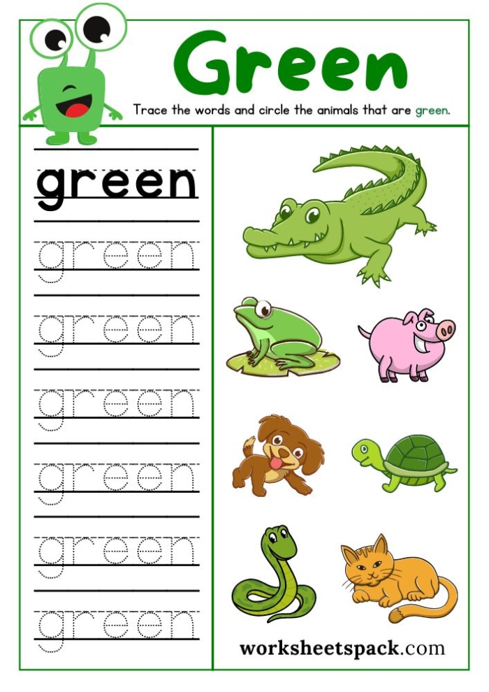 The Color Green worksheet for Pre-K
