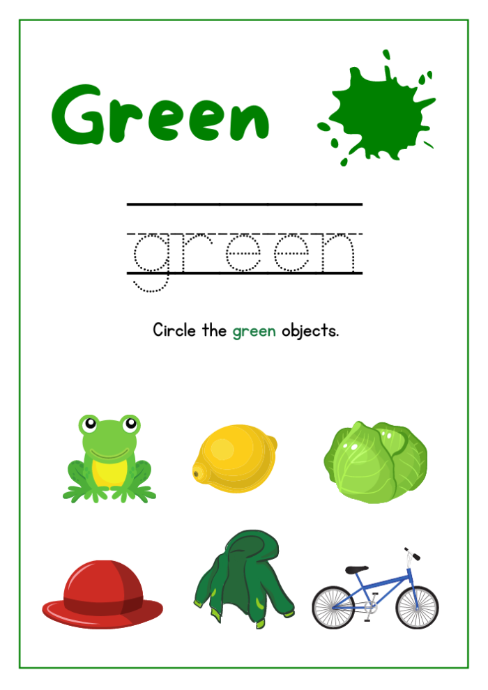 The Color Green worksheet for Pre-K