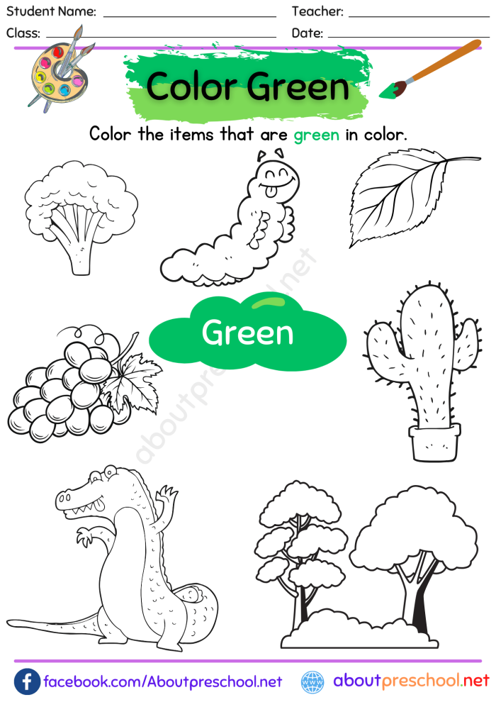 The Color Green worksheet for Pre-K