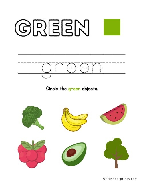 The Color Green worksheet for Pre-K