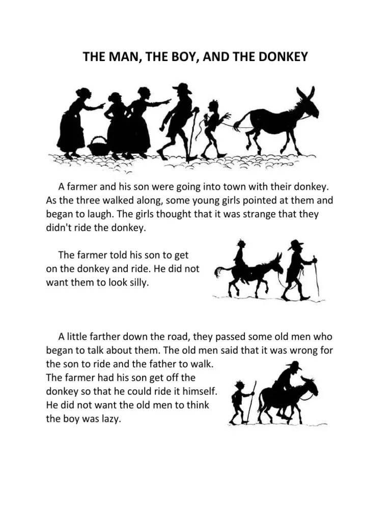 Printable worksheet for learning fractions using Aesop's timeless tale for third graders A third-grade worksheet featuring The Man, the Boy, and the Donkey to enhance reading skills through a classic fable