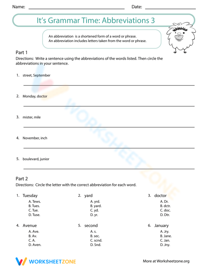 Third grade worksheet practicing common abbreviations with a word bank