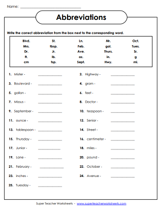 Third grade worksheet on abbreviations with word bank and sentences