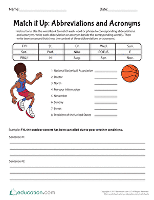Third grade worksheet on abbreviations with word bank for practice