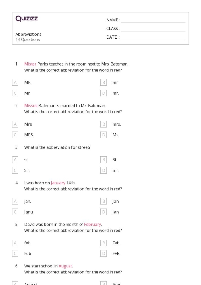 Third grade worksheet on common abbreviations with word bank for practice