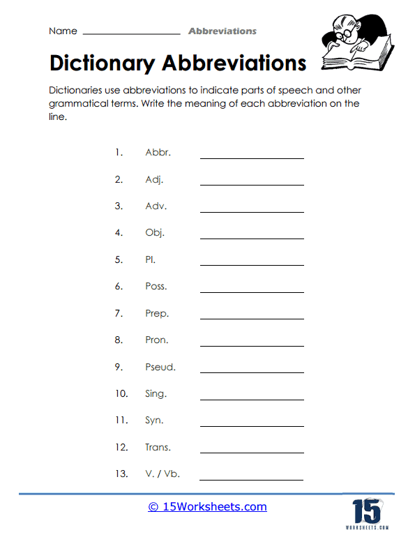 Third grade worksheet on abbreviations with word bank for Physical Science