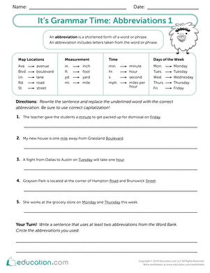 Third grade worksheet on common abbreviations with word bank