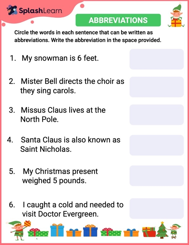 Third grade worksheet on abbreviations with sentences and a word bank