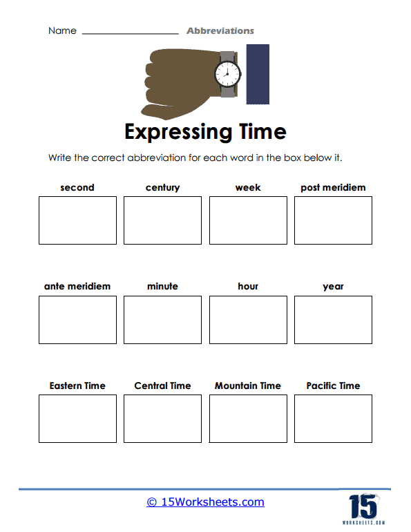 Third grade worksheet on common abbreviations with word bank