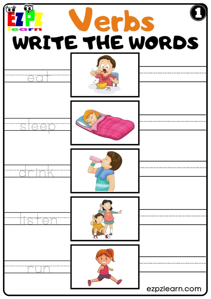 Grammar and Mechanics practice page for distinguishing action verbs in sentences Third Grade Identifying Action Verbs worksheet focusing on active and passive verbs