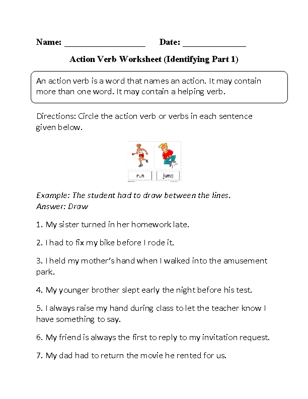 Third grade grammar worksheet on distinguishing active and passive verbs, image 10 Third grade worksheet focusing on recognizing action verbs in sentences